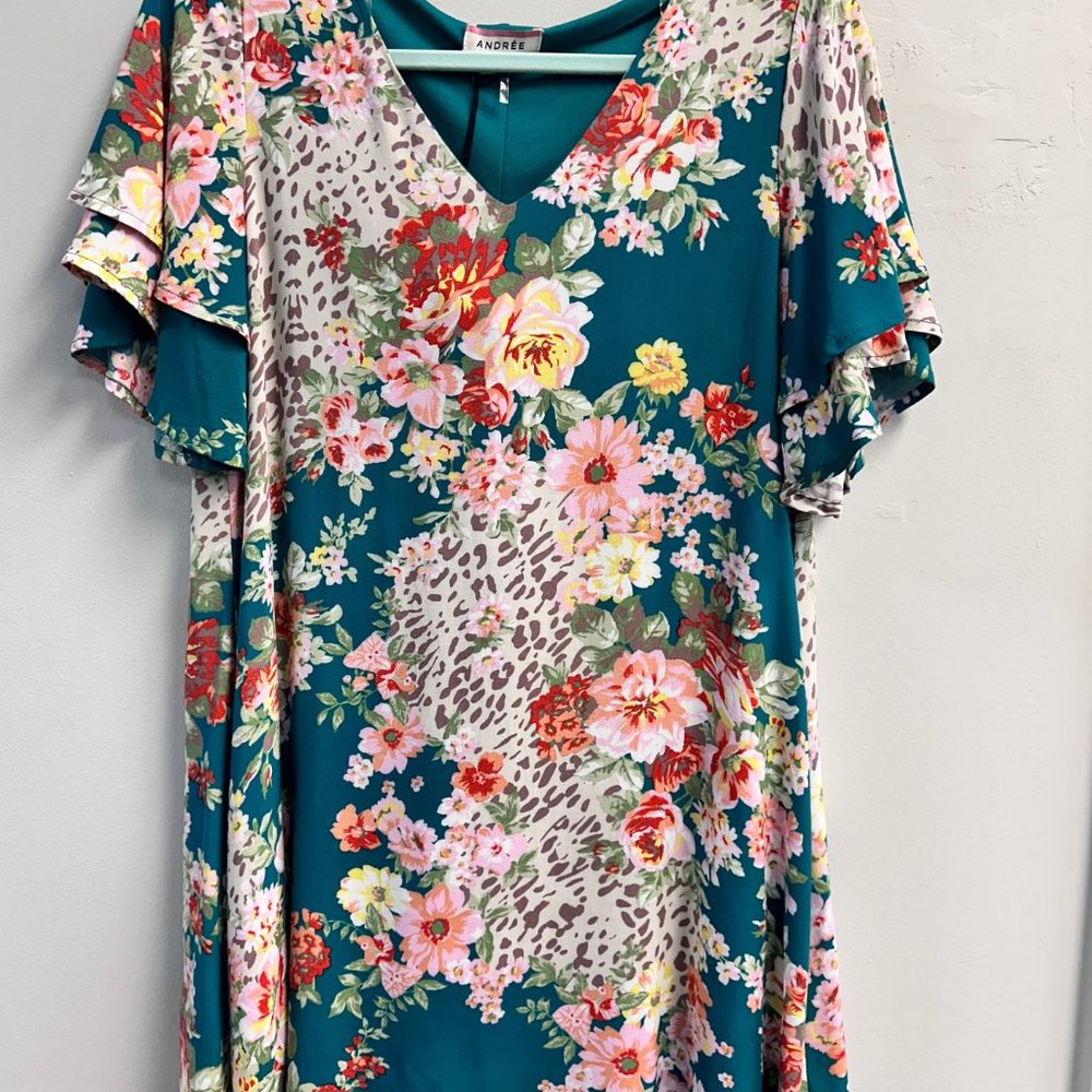 A-Line Floral Mini Dress-Teal